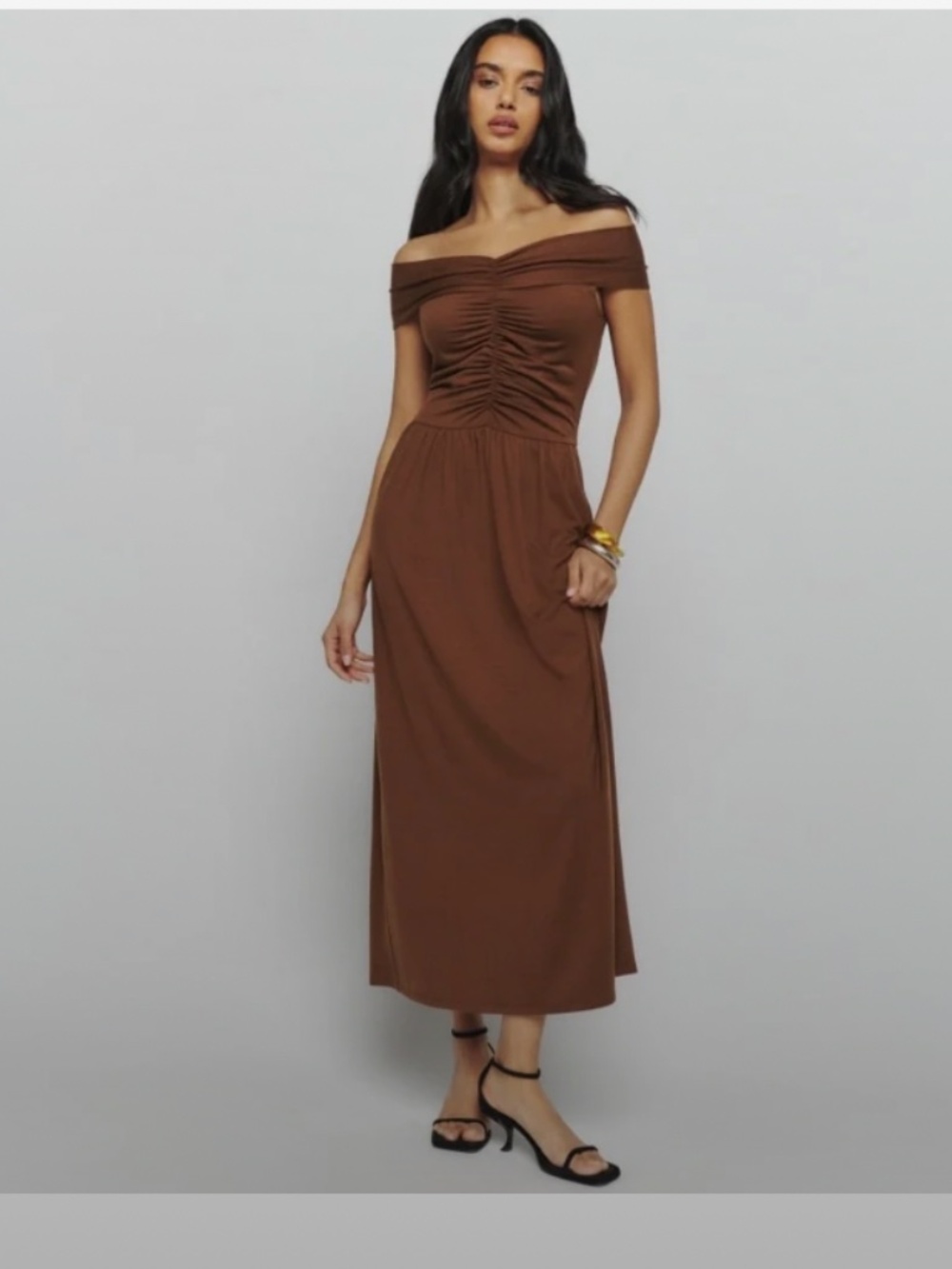 Reformation — Brown Off-Shoulder Ruched Maxi Dress